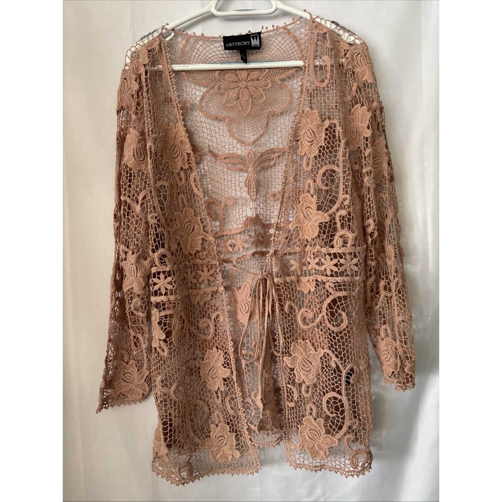 Antthony Original Designer Crochet-Lace Cardigan Cover‎ Up Sz L  Soft Mauve